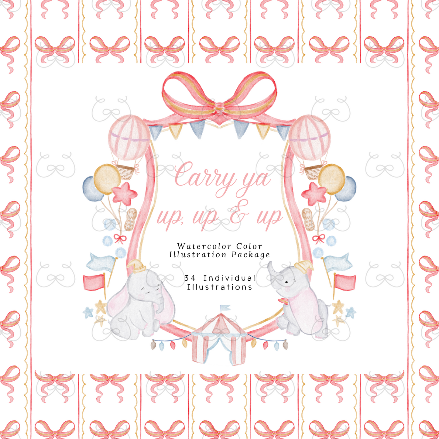 Flying Circus Elephant Watercolor Clipart Pack
