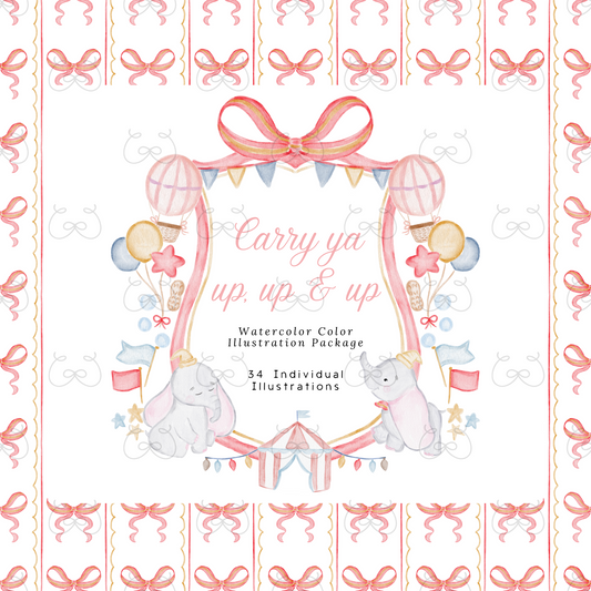 Flying Circus Elephant Watercolor Clipart Pack