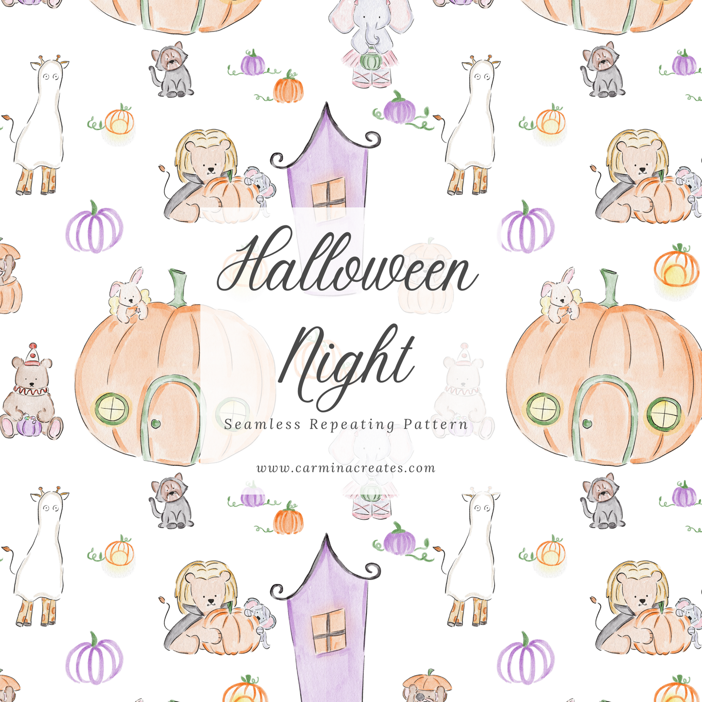 Halloween Night with Animal Friends Seamless Pattern, Digital File