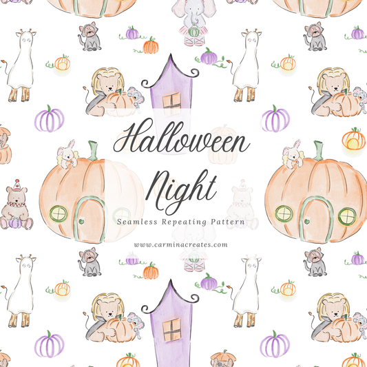 Halloween Night with Animal Friends Seamless Pattern, Digital File