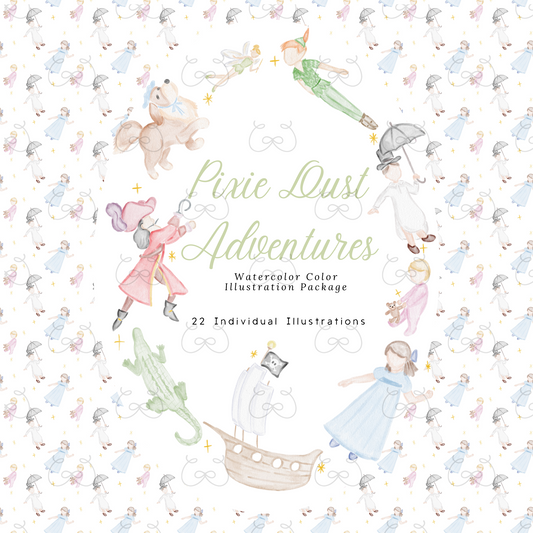 Whimsical Flying Boy Watercolor Clipart – Vintage Adventure, Stars, Fairy Wings & Pirate Accents – Boys Birthday