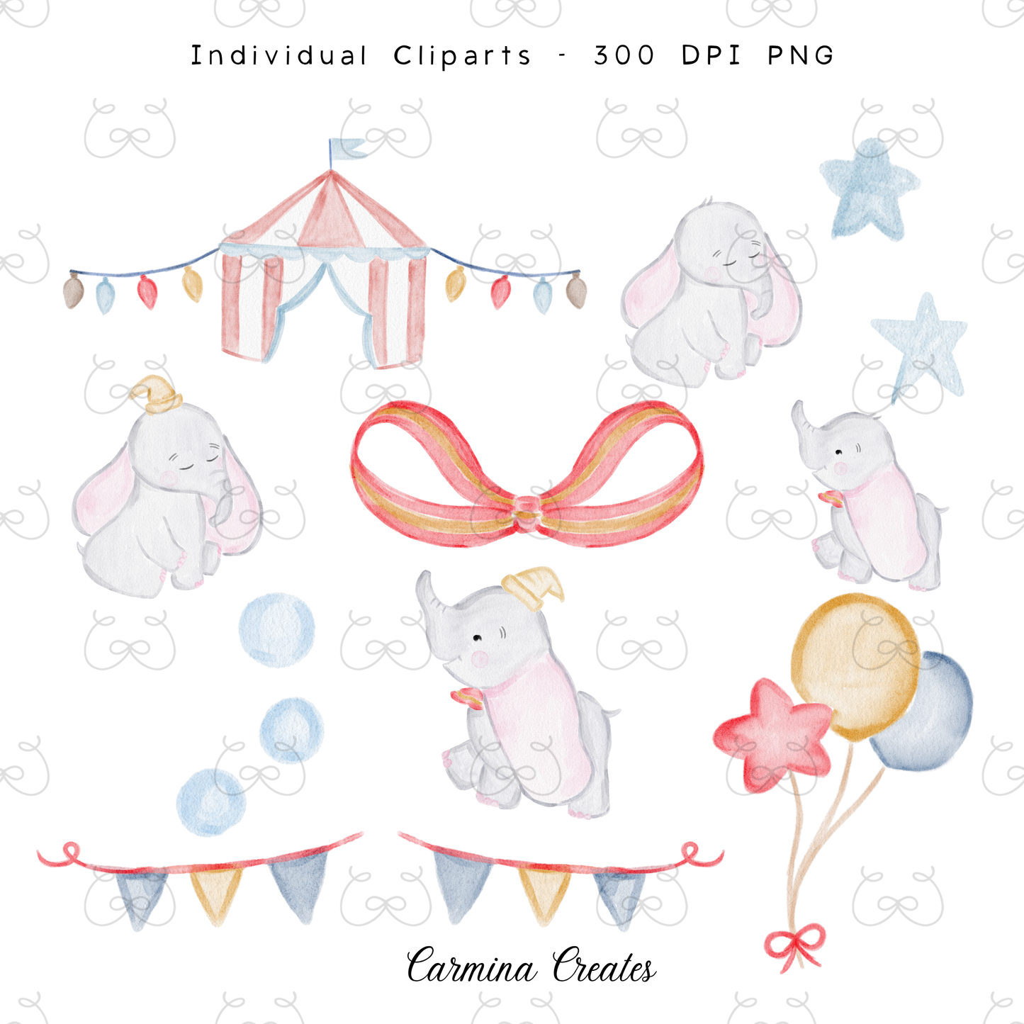Flying Circus Elephant Watercolor Clipart Pack